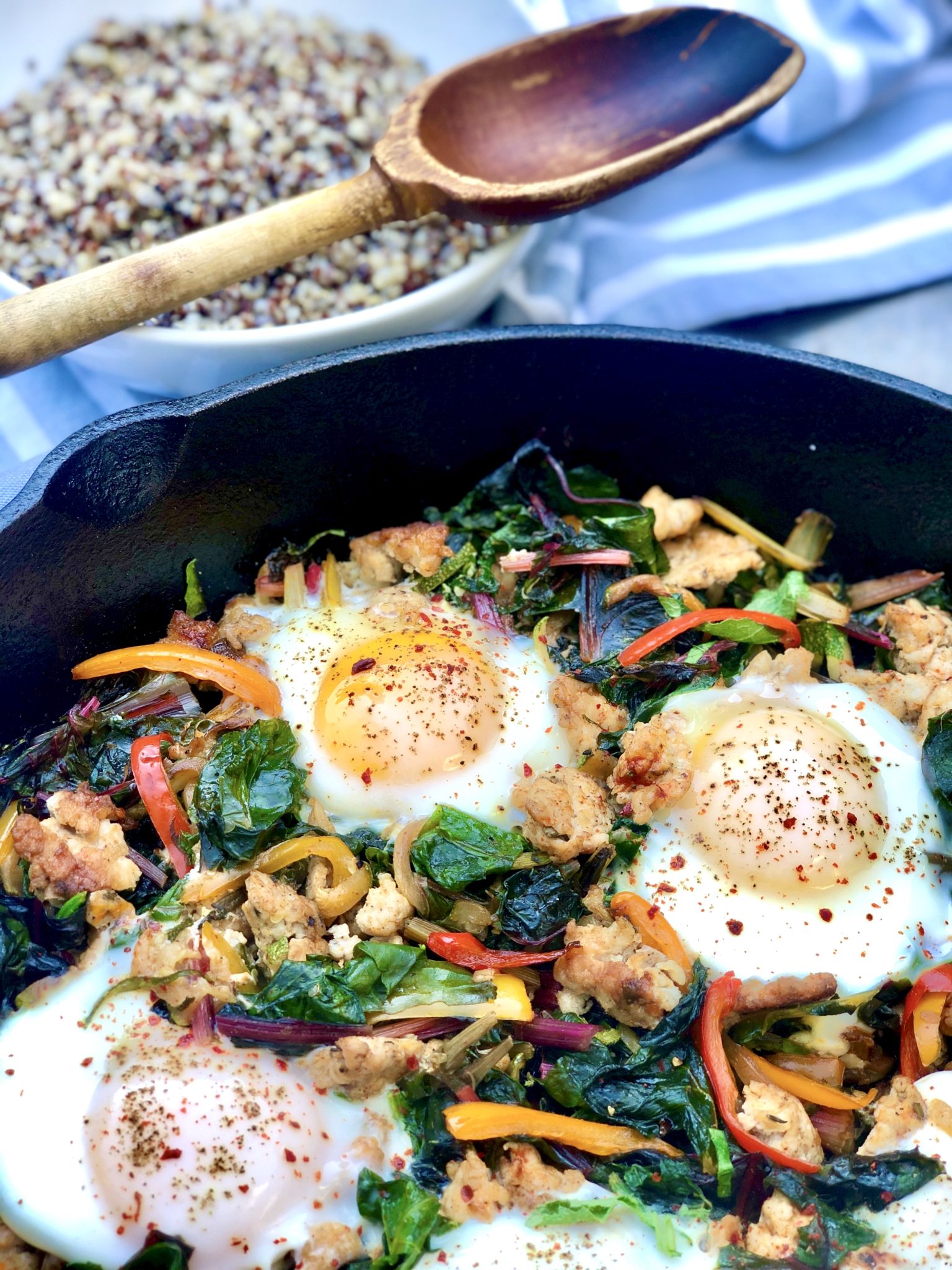 The addition of two flavorful proteins to a hearty dose of vegetables makes this colorful, one-pan meal a healthy favorite in our house. The recipe's inherent flexibility also means that it's easy to use what you have on hand.